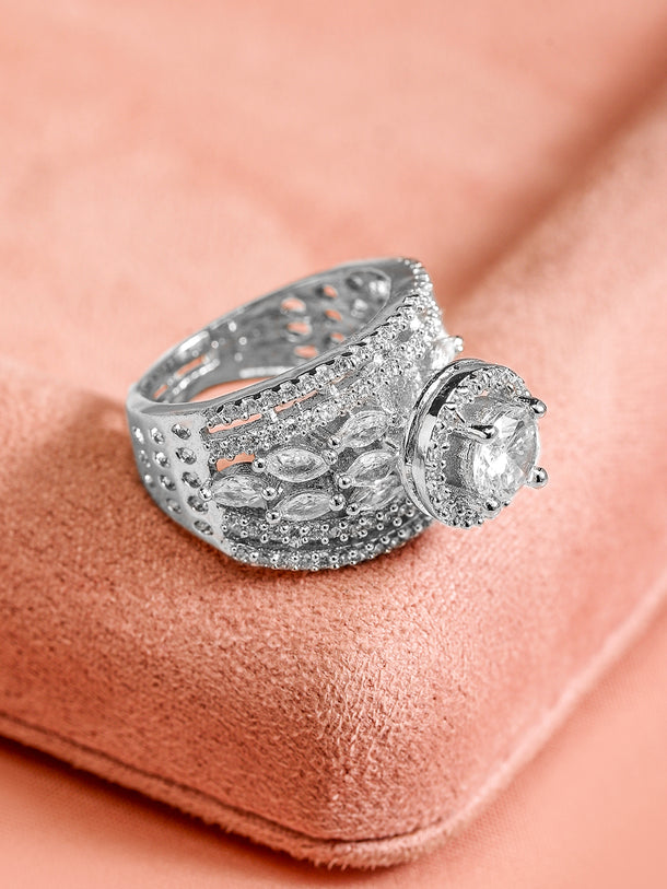 Rubans Women Rhodium Plated Cubic Zirconia Studded Adjustable Finger Ring