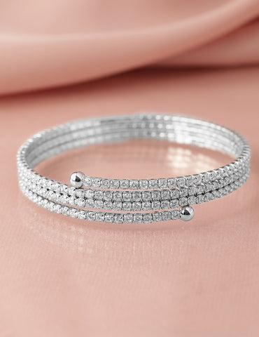 Rubans Rhodium-Plated Cubic Zirconia Studded Triple Line Bangle Style Bracelet