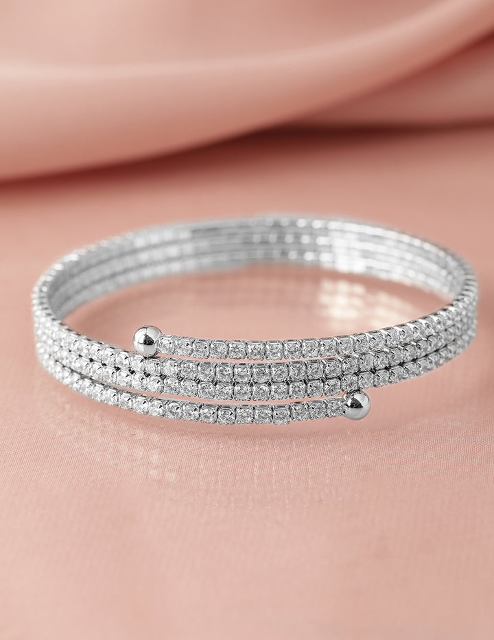 Rubans Rhodium-Plated Cubic Zirconia Studded Triple Line Bangle Style Bracelet
