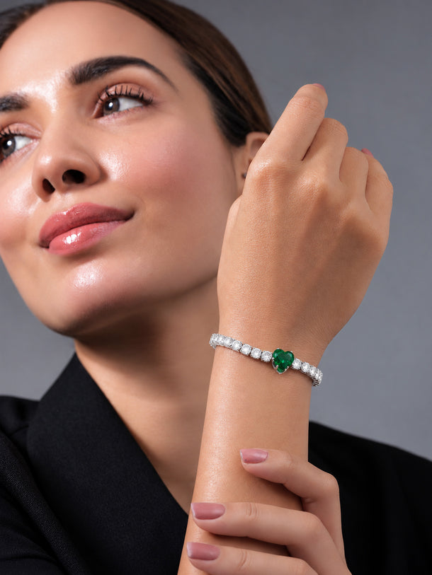 Rhodium Plated Emerald Heart Crystal Bracelet
