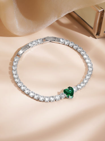 Rhodium Plated Emerald Heart Crystal Bracelet