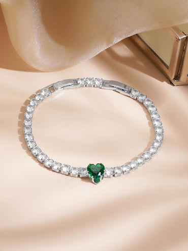 Rhodium Plated Emerald Heart Crystal Bracelet