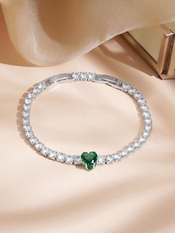 Rhodium Plated Emerald Heart Crystal Bracelet