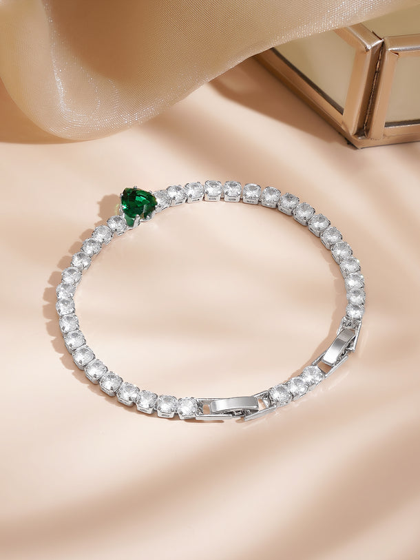 Rhodium Plated Emerald Heart Crystal Bracelet