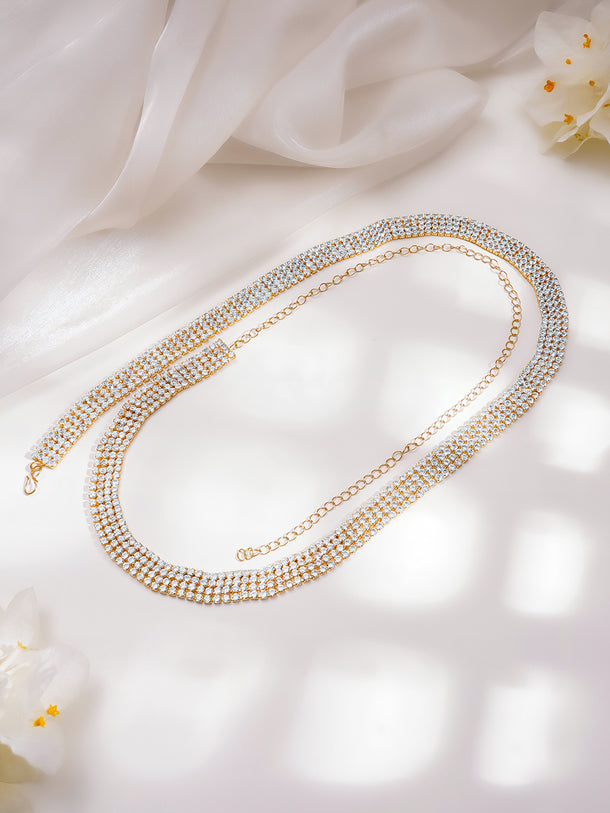 Rubans 18K Gold Plated Brass Cubic Zirconia Studded Waist Belt