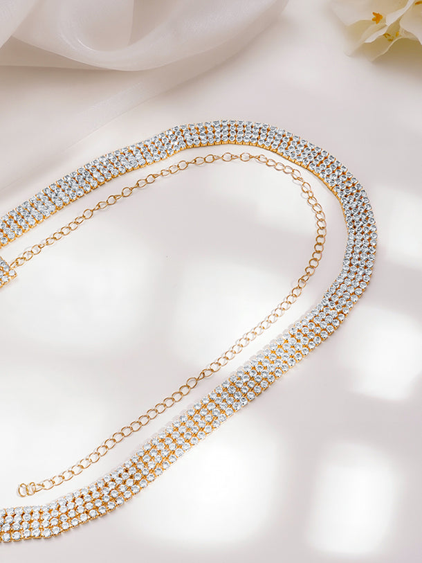 Rubans 18K Gold Plated Brass Cubic Zirconia Studded Waist Belt