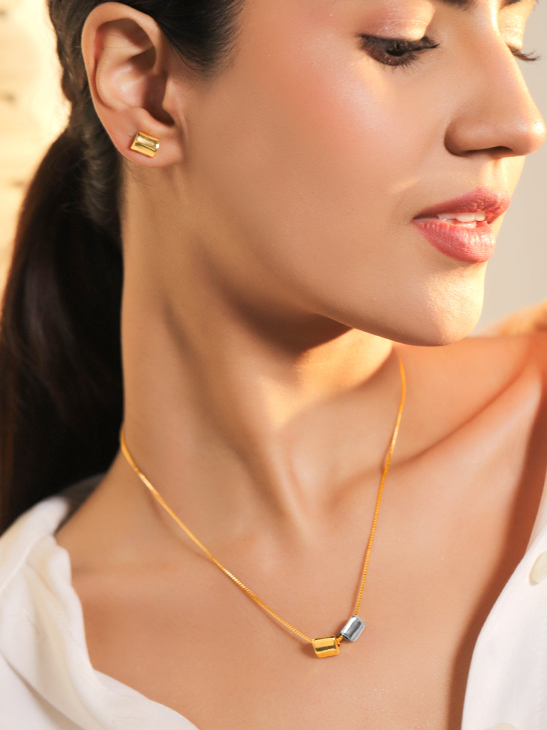 Rubans 18K Gold-Plated Dual-Tone Minimal Cube Pendant Set