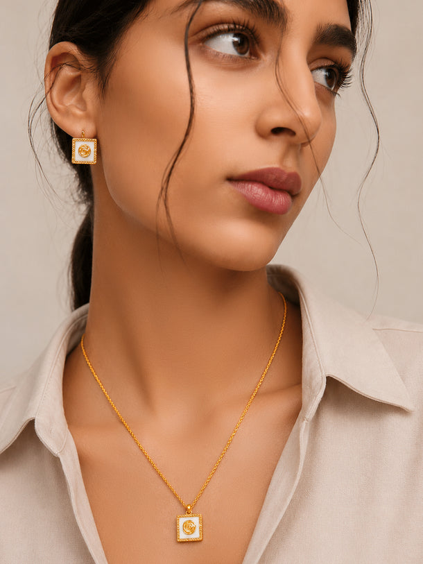 Demifine 18K Gold Plated Stainless Steel Enamel Rose Necklace Set
