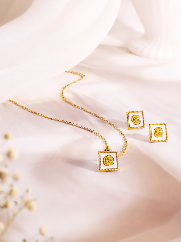 Demifine 18K Gold Plated Stainless Steel Enamel Rose Necklace Set