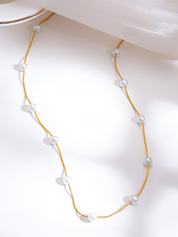 Demifine 18K Gold Plated Stainless Steel Pearl Beaded Chain Necklace