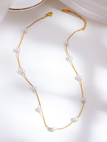 Demifine 18K Gold Plated Stainless Steel Pearl Beaded Chain Necklace