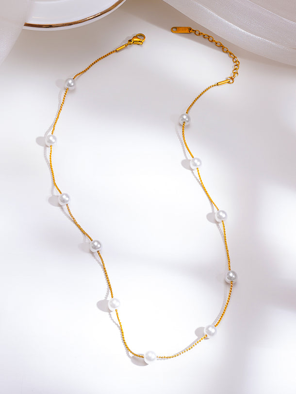 Demifine 18K Gold Plated Stainless Steel Pearl Beaded Chain Necklace