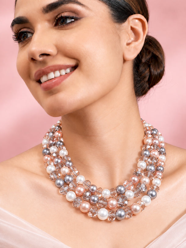 Rhodium Plated Multicolor Bead Layered Necklace