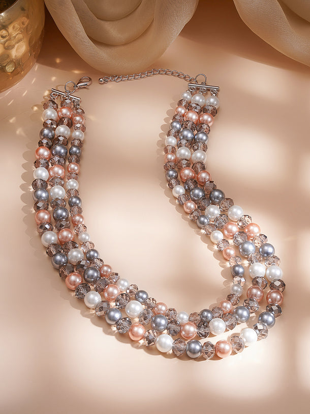 Rhodium Plated Multicolor Bead Layered Necklace