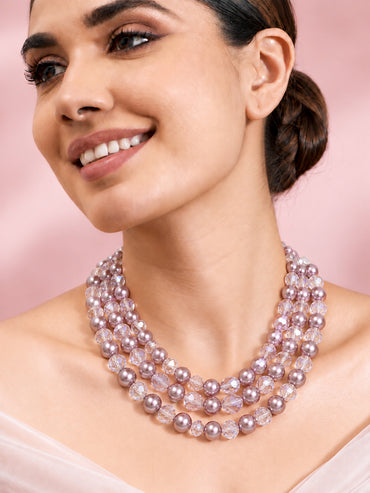 Rhodium Plated Multi Layered Taupe Beaded Necklace