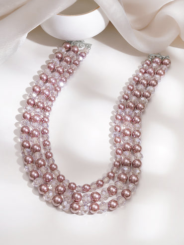 Rhodium Plated Multi Layered Taupe Beaded Necklace