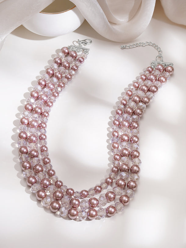 Rhodium Plated Multi Layered Taupe Beaded Necklace