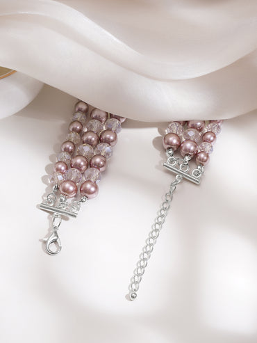 Rhodium Plated Multi Layered Taupe Beaded Necklace