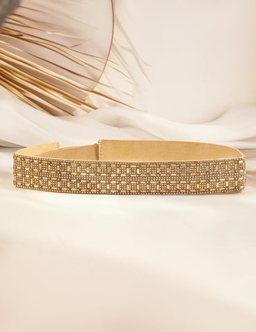 Gold-Tone Crystal Zirconia Studded Adjustable Waist Belt with Geometric Block Design