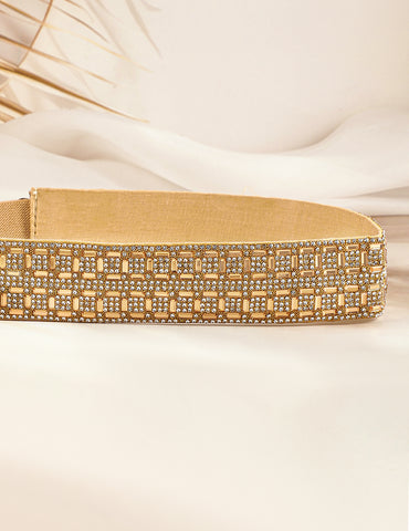 Gold-Tone Crystal Zirconia Studded Adjustable Waist Belt with Geometric Block Design