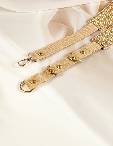 Gold-Tone Crystal Zirconia Studded Adjustable Waist Belt with Geometric Block Design