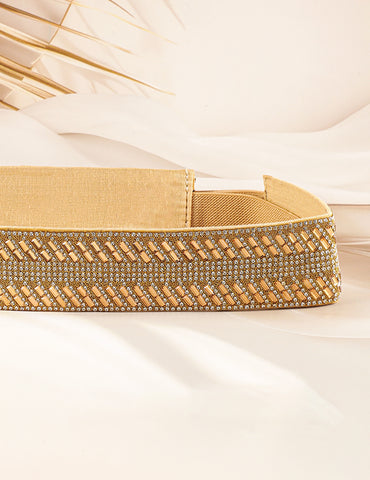 Gold-Toned Crystal Zirconia Studded Adjustable Waist Belt with Fabric Base