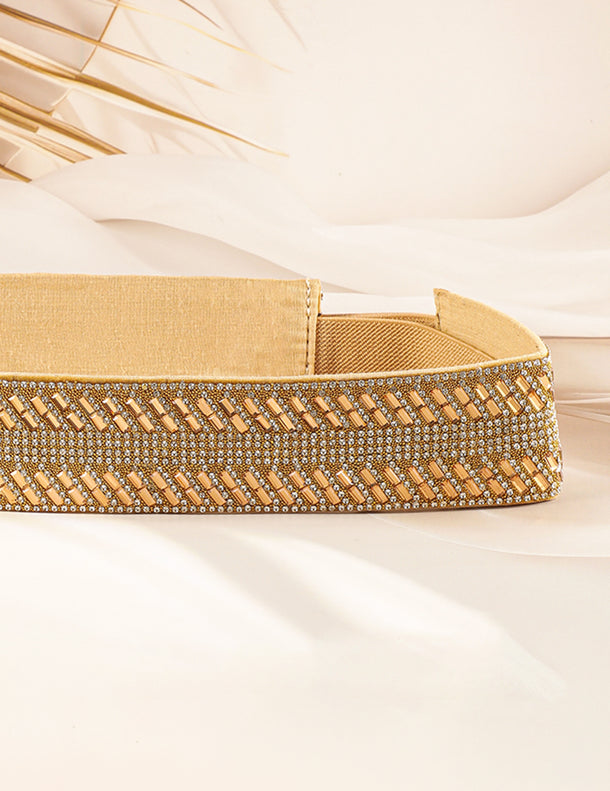 Gold-Toned Crystal Zirconia Studded Adjustable Waist Belt with Fabric Base