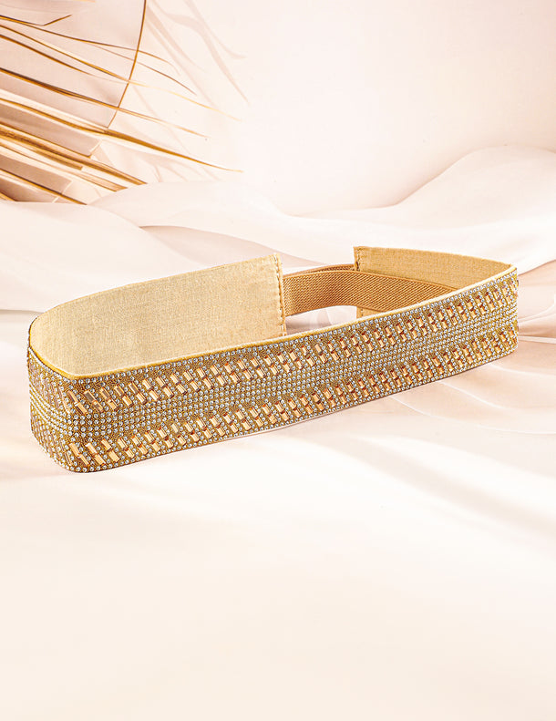Gold-Toned Crystal Zirconia Studded Adjustable Waist Belt with Fabric Base