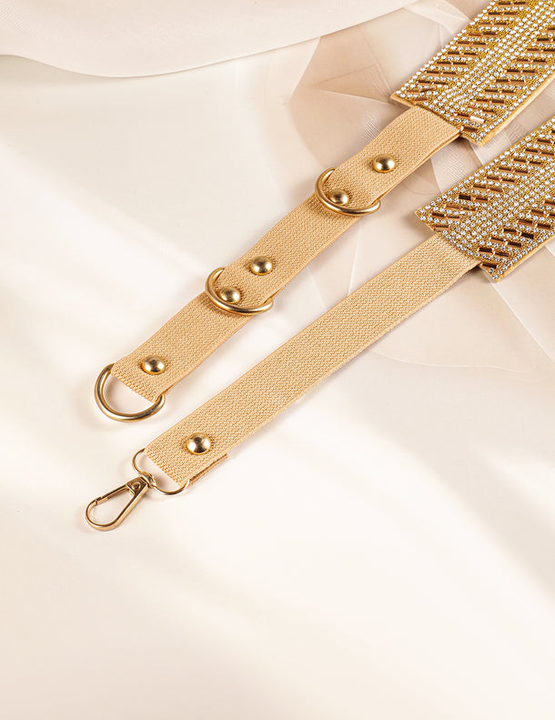 Gold-Toned Crystal Zirconia Studded Adjustable Waist Belt with Fabric Base