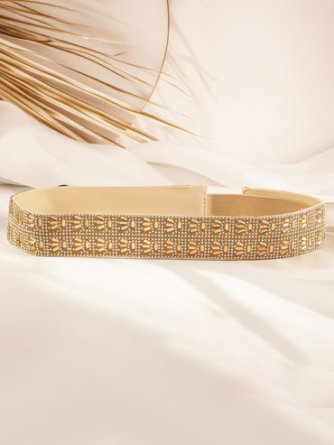Gold-Toned Crystal Zirconia Studded Adjustable Waist Belt with Fabric Base