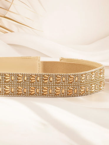 Gold-Toned Crystal Zirconia Studded Adjustable Waist Belt with Fabric Base