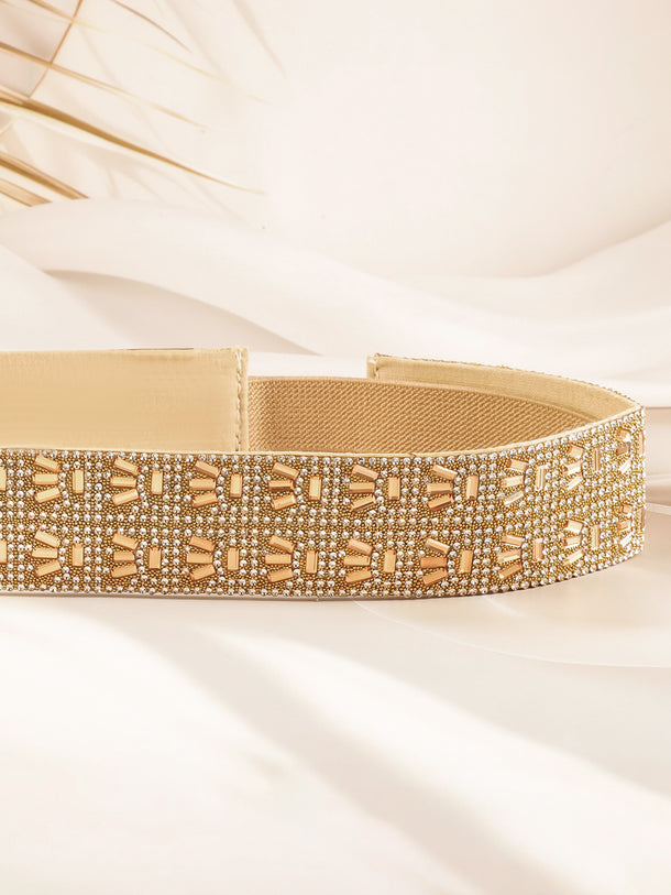 Gold-Toned Crystal Zirconia Studded Adjustable Waist Belt with Fabric Base