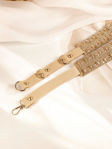 Gold-Toned Crystal Zirconia Studded Adjustable Waist Belt with Fabric Base