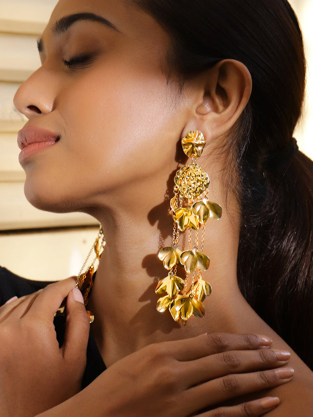 Sculpted Petals Gold Statement Dangler Earrings