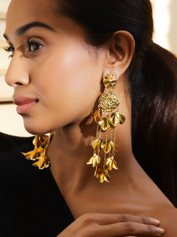 Sculpted Petals Gold Statement Dangler Earrings