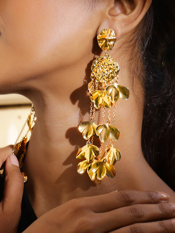 Sculpted Petals Gold Statement Dangler Earrings