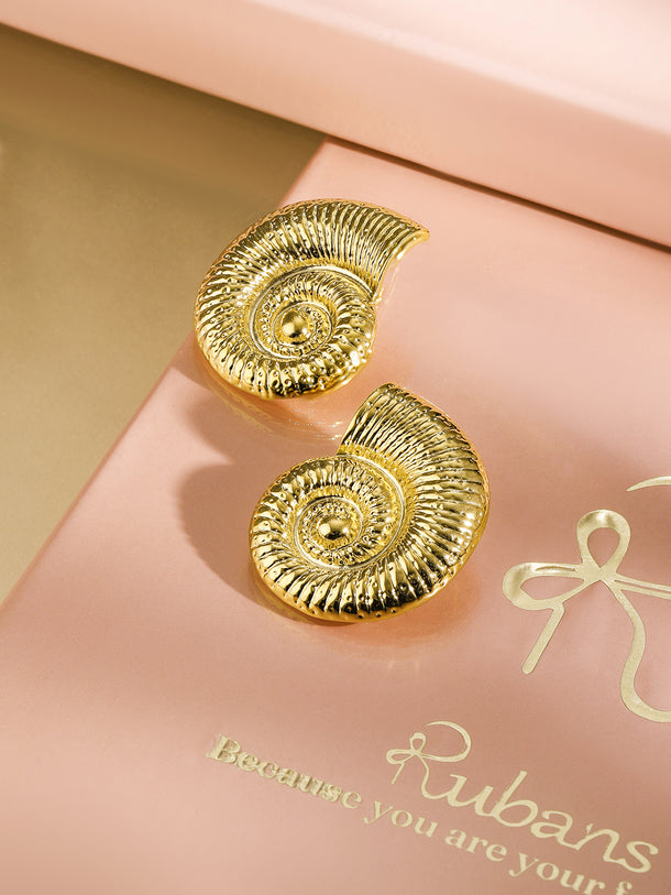 Gold Textured Seashell Spiral Stud Earrings