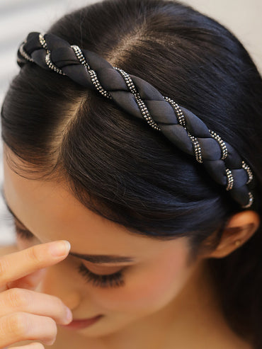 Rubans Black Braided Satin Headband with Cubic Zirconia Embellishments
