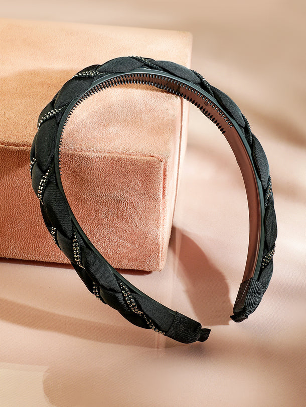 Rubans Black Braided Satin Headband with Cubic Zirconia Embellishments