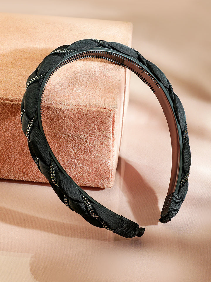 Rubans Black Braided Satin Headband with Cubic Zirconia Embellishments