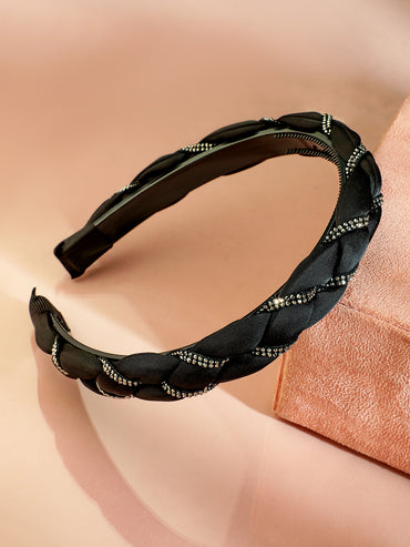 Rubans Black Braided Satin Headband with Cubic Zirconia Embellishments