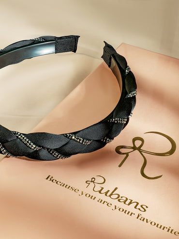 Rubans Black Braided Satin Headband with Cubic Zirconia Embellishments