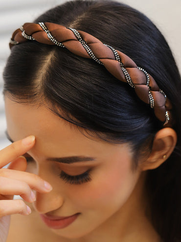 Braided Brown Studded Satin Headband