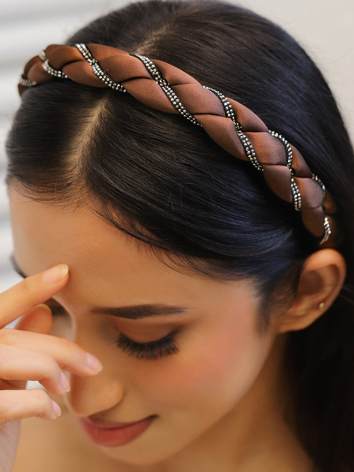 Braided Brown Studded Satin Headband