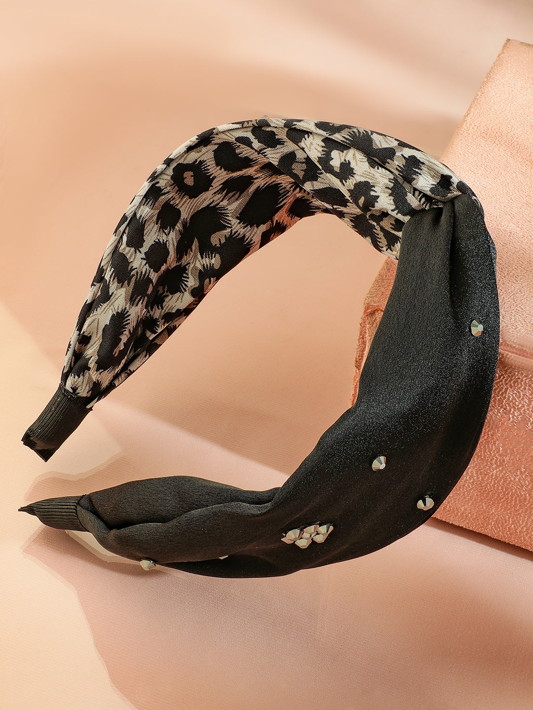 Rubans Black & Leopard Print Twisted Headband with Embellished Crystal Detailing