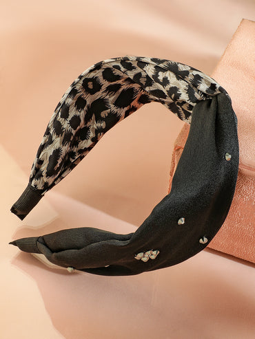 Rubans Black & Leopard Print Twisted Headband with Embellished Crystal Detailing