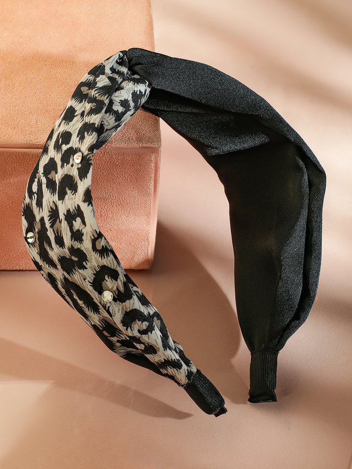 Rubans Black & Leopard Print Twisted Headband with Embellished Crystal Detailing