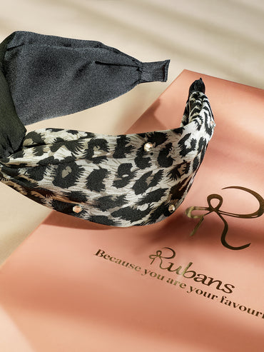Rubans Black & Leopard Print Twisted Headband with Embellished Crystal Detailing