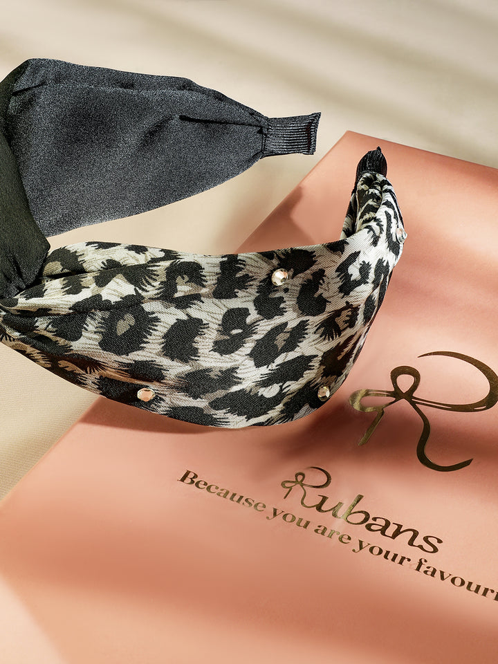 Rubans Black & Leopard Print Twisted Headband with Embellished Crystal Detailing