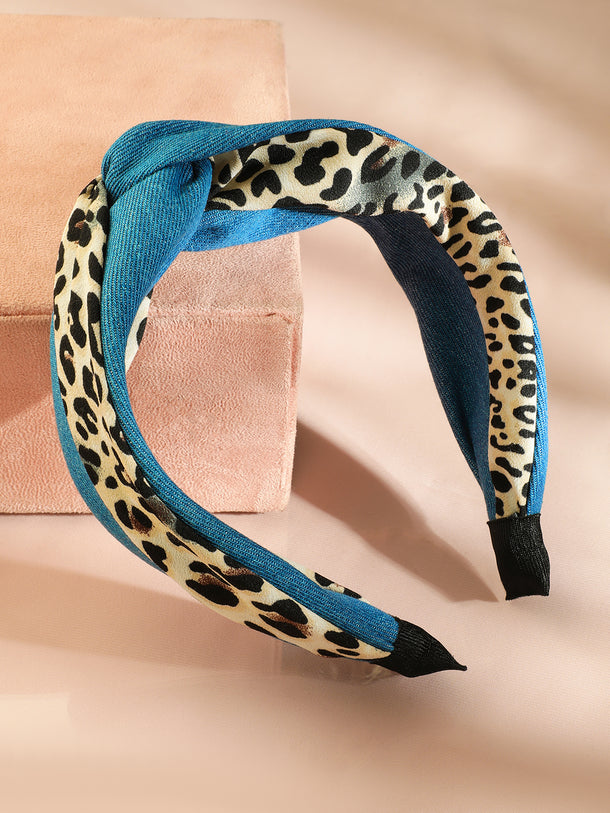 Rubans Bold Blue & Leopard Print Knotted Headband for Trendy & Stylish Look